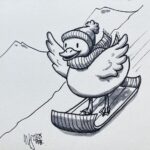 Pato esquiando en la nieve; está feliz