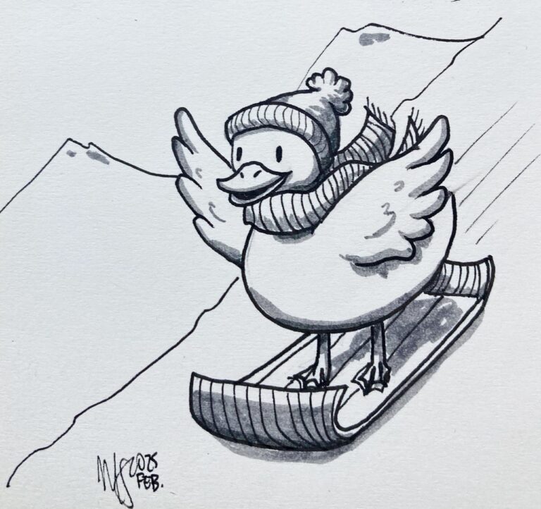 Pato esquiando en la nieve; está feliz