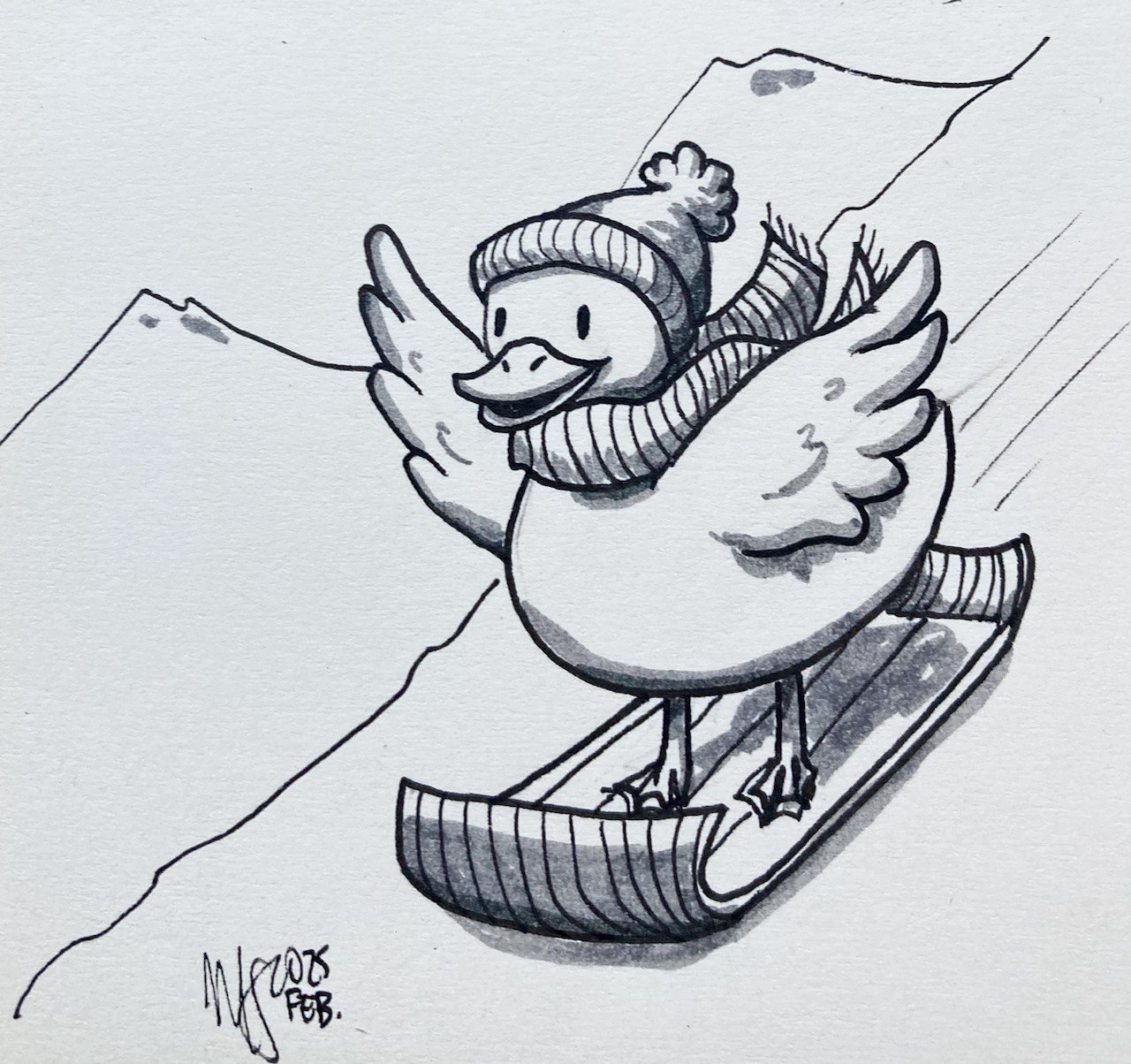 Pato esquiando en la nieve; está feliz