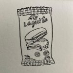 Dibujo en blanco y negro de un alfajor marca Laguito