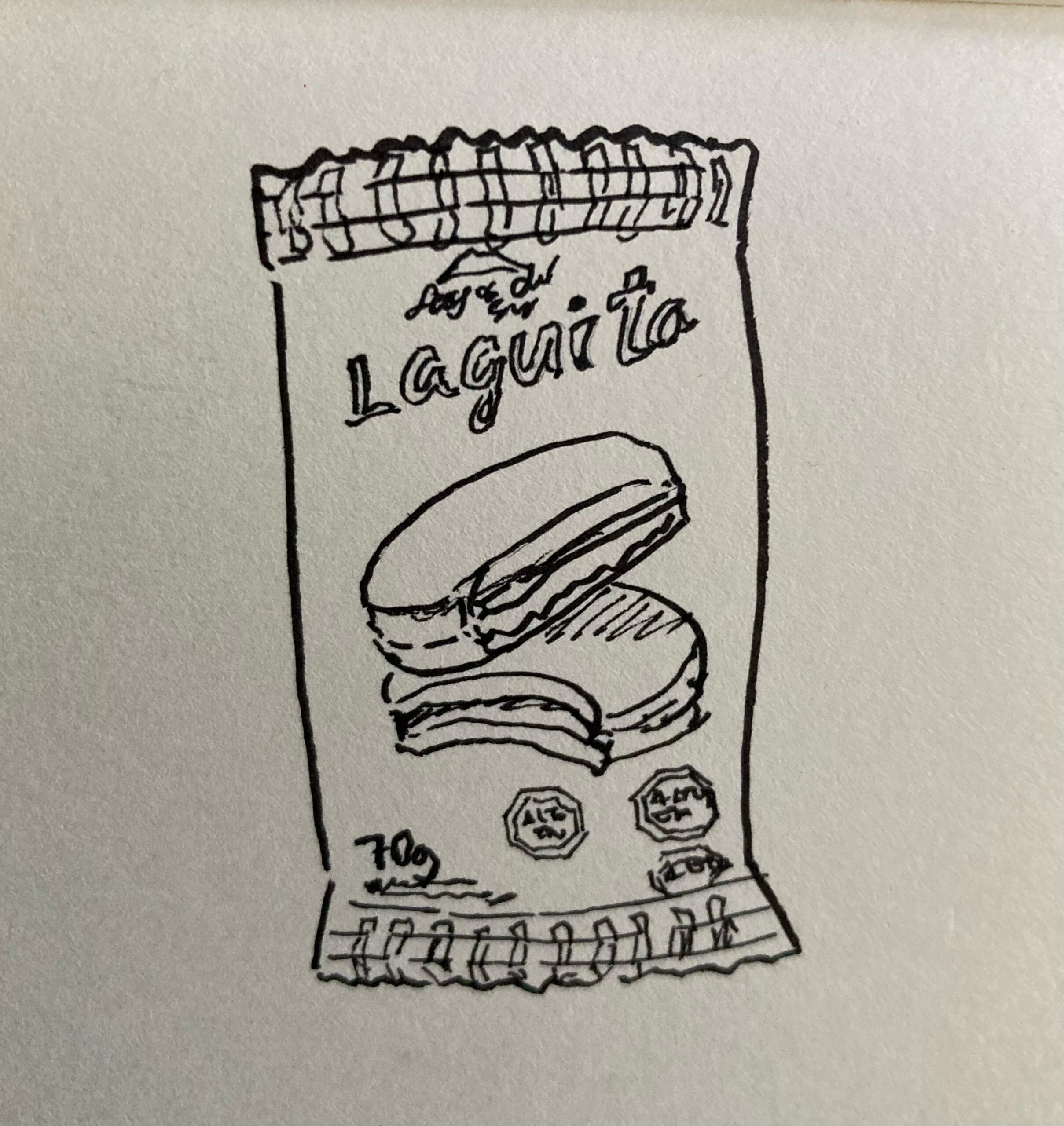 Dibujo en blanco y negro de un alfajor marca Laguito
